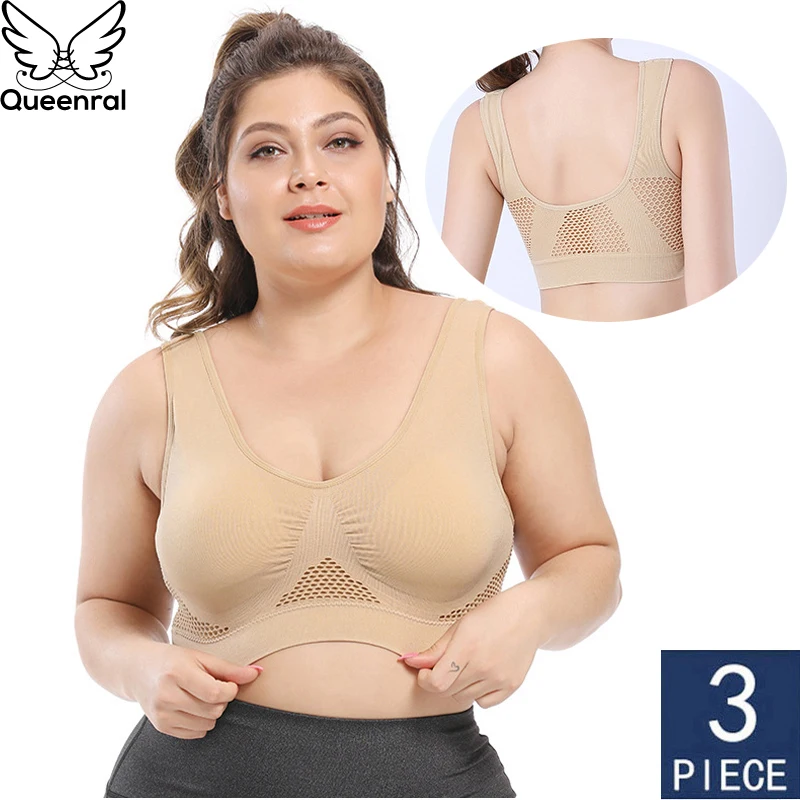 Sujetador de talla grande con almohadillas para mujer, ropa interior sin costuras, sin aros, transpirable, 3 piezas