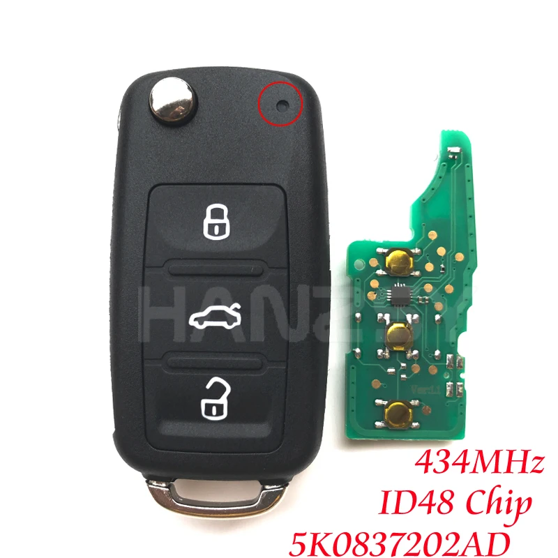 NEW 3 button Remote Key For VW Golf Jetta for VOLKSWAGEN Beetle Polo Up Tiguan Complete Car key 5K0837202AD ID48Chip 434MHz