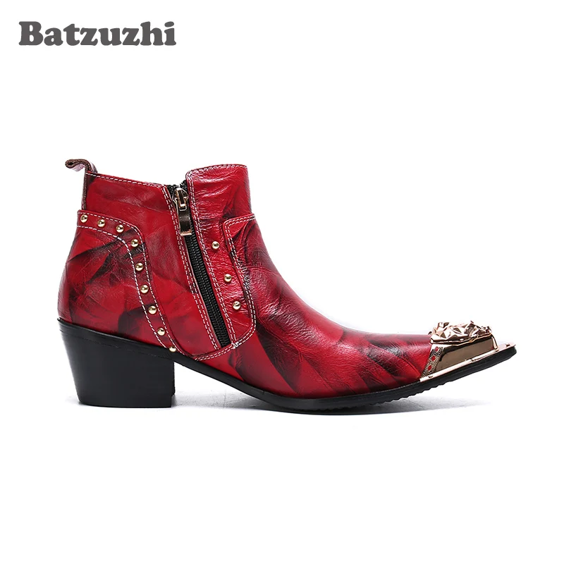 

Batzuzhi British Style Men Shoes Genuine Leather Ankle Boots Men Pointed Metal Toe Red Party and Wedding Boot Men Retro, US6-12