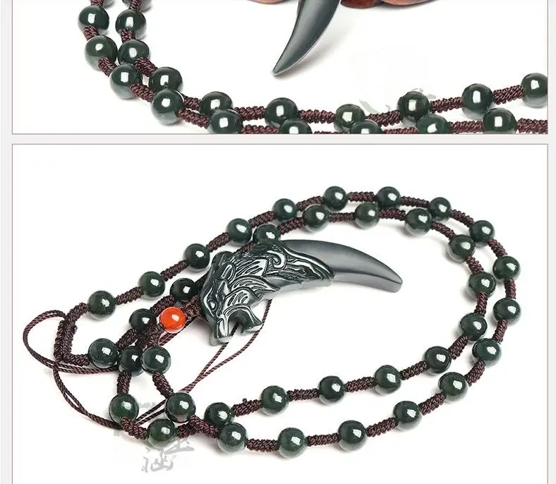 Rare Lucky Amulet  Dragon Head Tooth Pendant Hanging Mala bead necklace Bottle green Jade