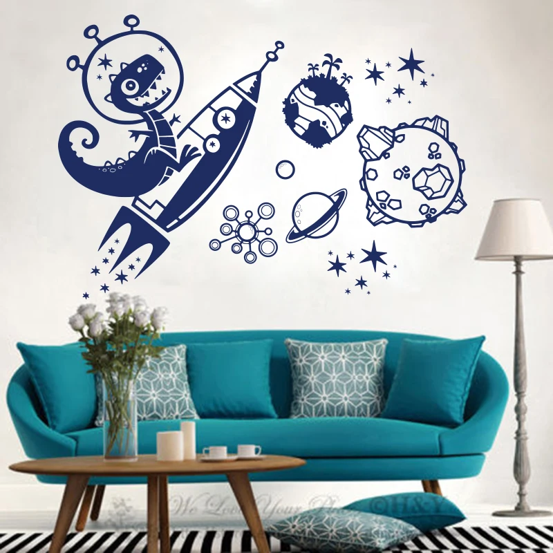 Calcomanía de pared del espacio mundial de planetas DInosaurios de dibujos animados para habitación de niños, sala de juegos, parque de dinosaurios, estrella, cohete, pegatina de pared de vinilo para dormitorio