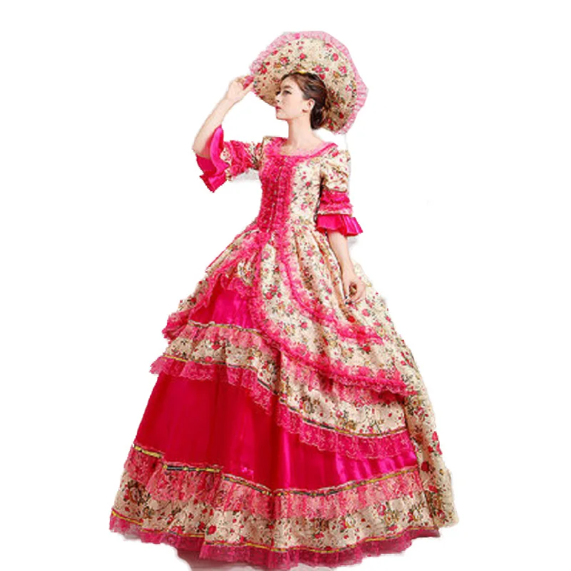 Deluxe 18th Century Coronation Ball Gown Medieval Historical Halloween Victorian Dress Gothic Party Cosplay Costume with hat