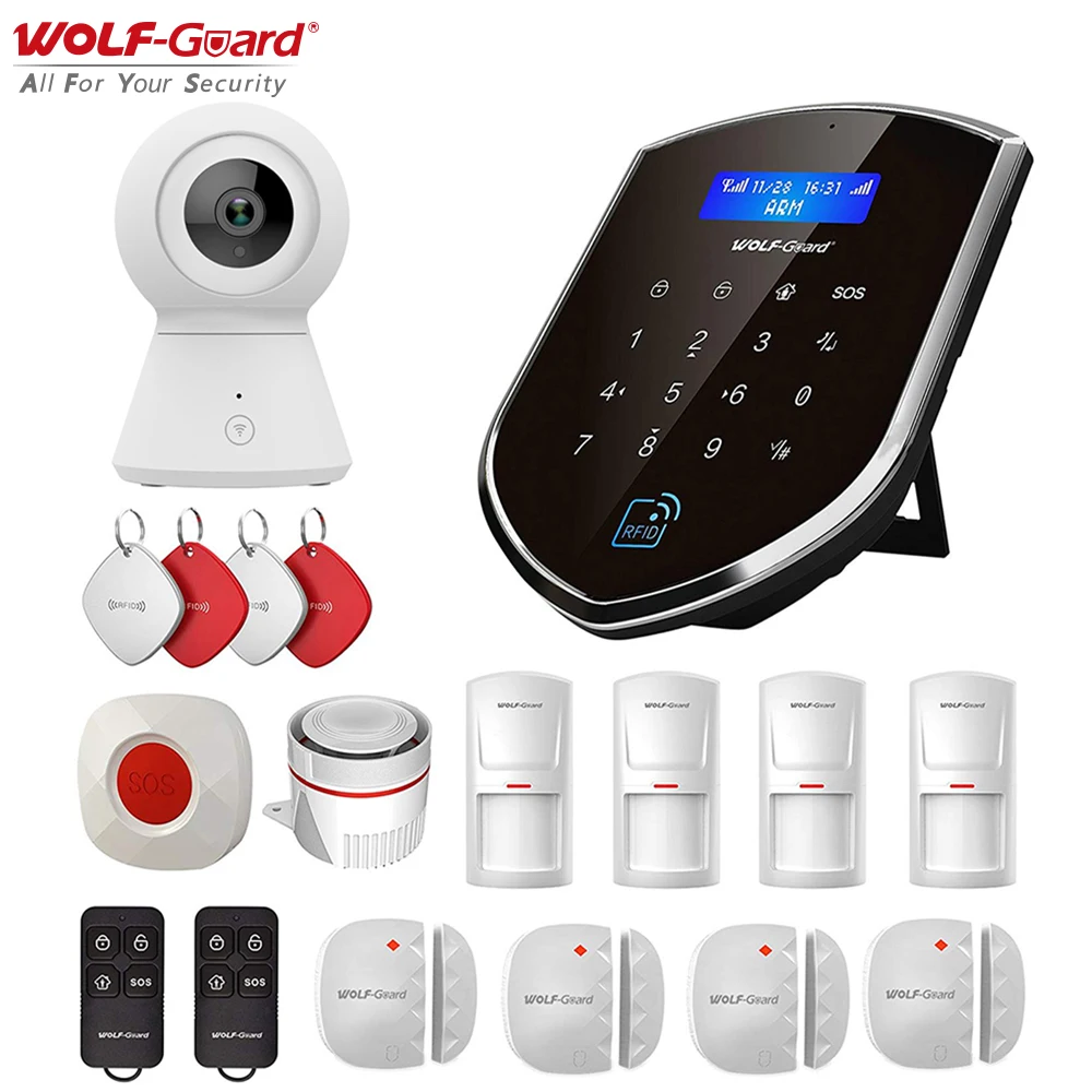 Wolf-Guard GSM WIFI Wireless House Safety Kit Home Alarm Security Burglar System 1080P IP Camera Door Sensor PIR Motion Detector