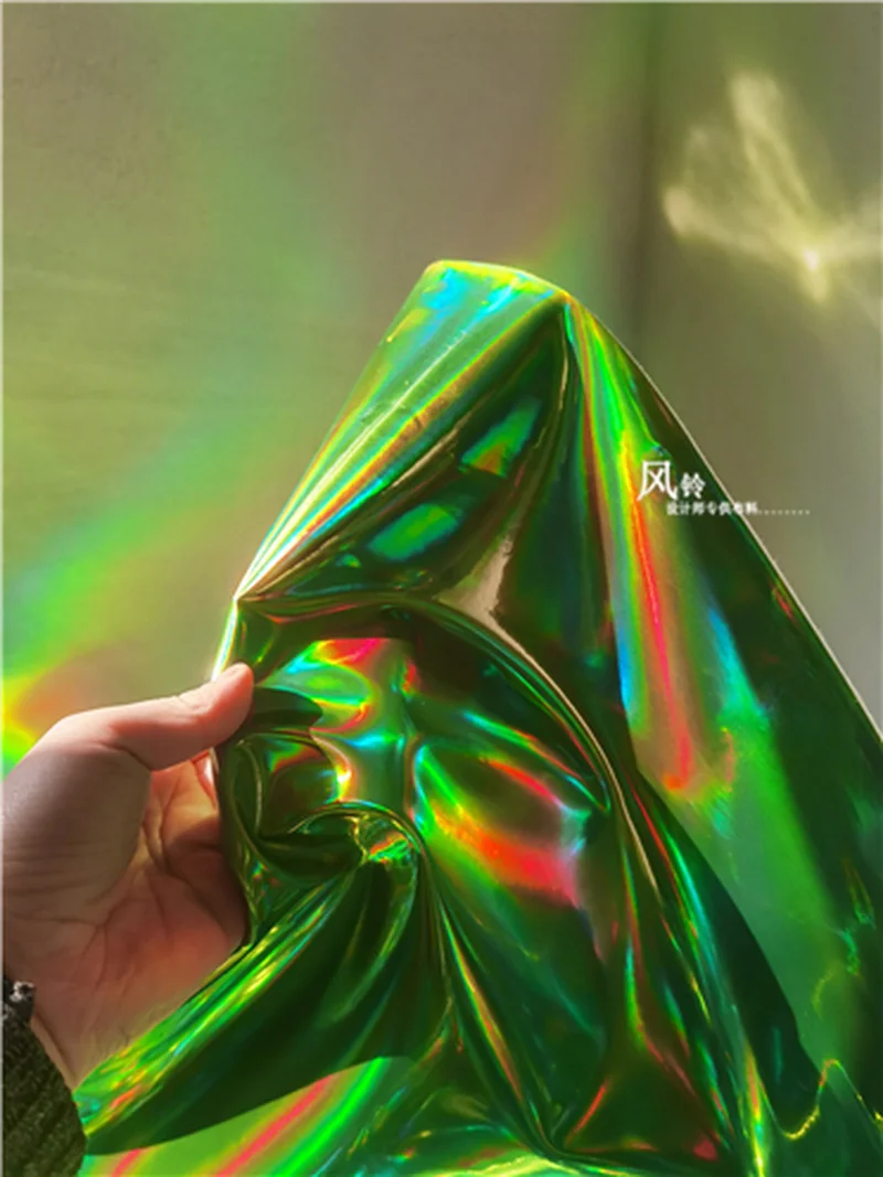 Green Synthetic Leather Fabric Rainbow Reflective Waterproof DIY Patches Decor Bags Jacket Coat Decor Clothes Designer Fabric