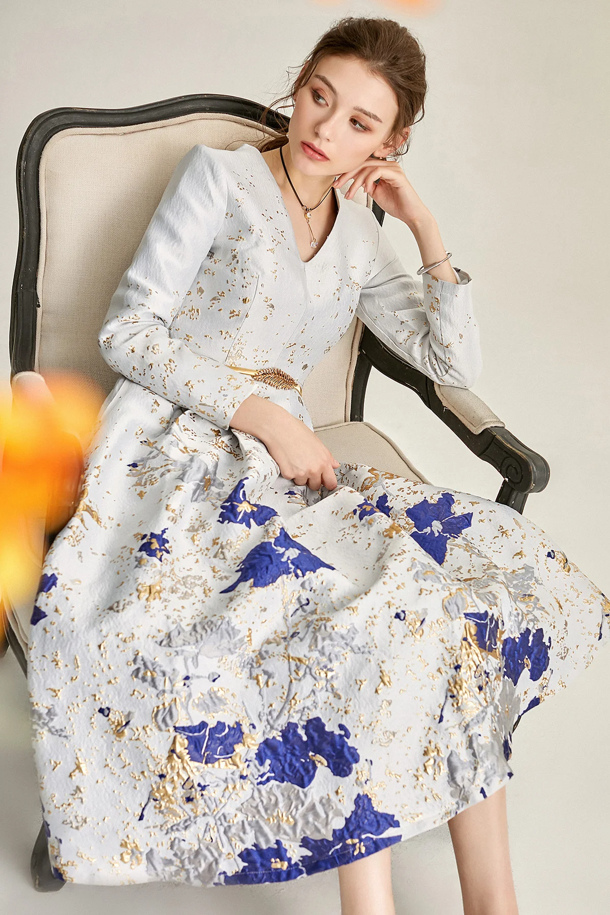 2021 Spring Summer Jacquard Dress V-Neck Brocade Dress Women