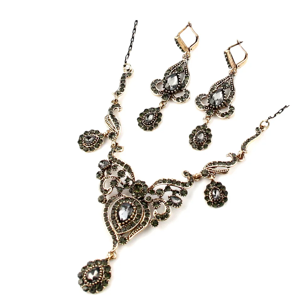 Sunspicems Retro Gold Color Turkish Gray Rhinestone Flower Earring Necklace Sets For Women Bohemia Wedding Jewelry Sets 2021