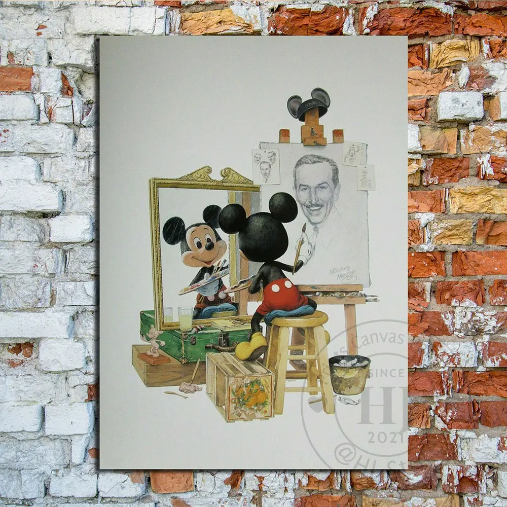 Disney Mickey Mouse Sketch Walt Disney Self Portrait Print On Canvas Painting Funny Poster For Livin Room Bedroom Decor No Frame