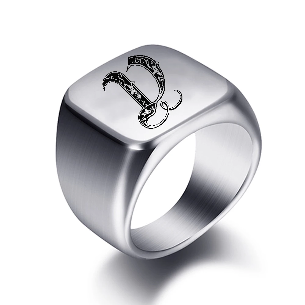 Initialgravierte individuelle Ringe für Männer, Edelstahl, männlicher Siegel, leerer Schmuck, Ringband, hochglanzpolierter Silberton, US-Größe