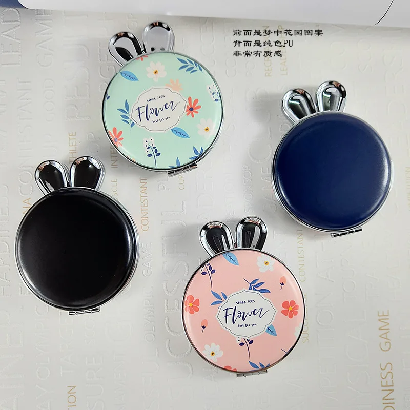 Espejo plegable de doble cara con Orejas de conejo para maquillaje, espejo redondo con aumento de 2 aumentos, portátil, de Metal, a la moda
