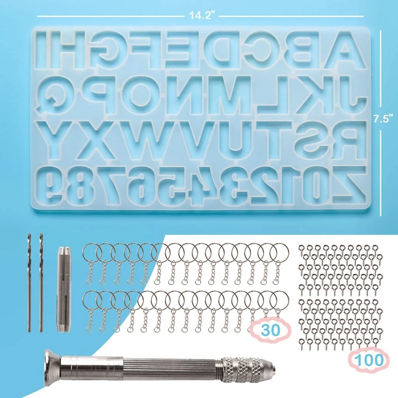 Epoxy Casting Mold Set Include 1x Hand Drill 2x Drill Bits 30x Keyrings 100x Screw Pins for Making DIY Resin Supplies