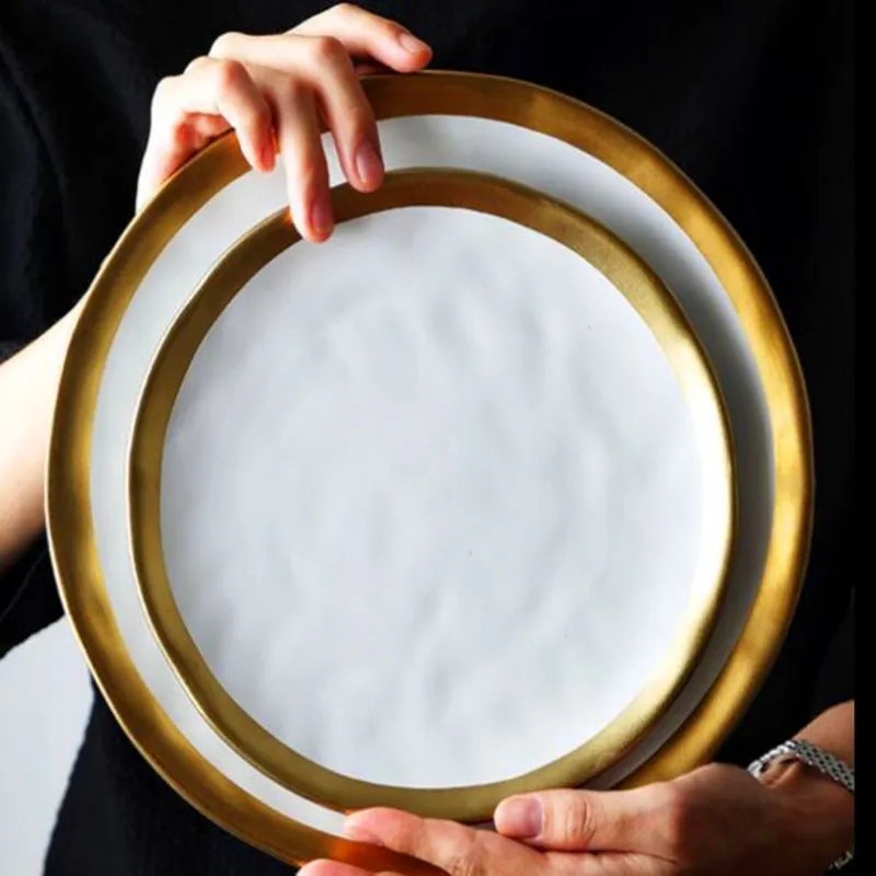 European Style Gold Side Black Plate Retro Matte Steak Dish Dessert Tray Kitchen Dinner Plates Ceramic Dishes Bowls1pcs