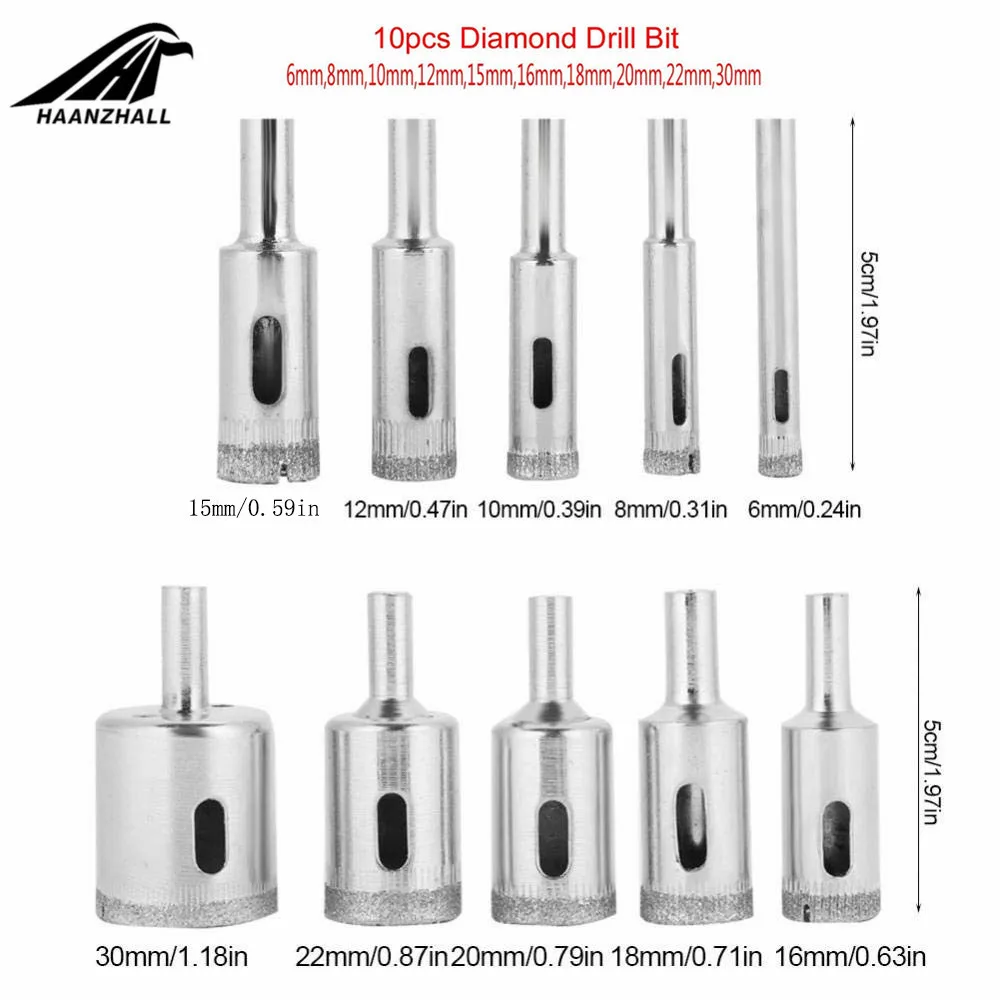 Diamond Coated Core Hole Saw Drill Bit Set, Tools for Tiles Marble Glass Ceramic, Hot Sale, 10Pcs