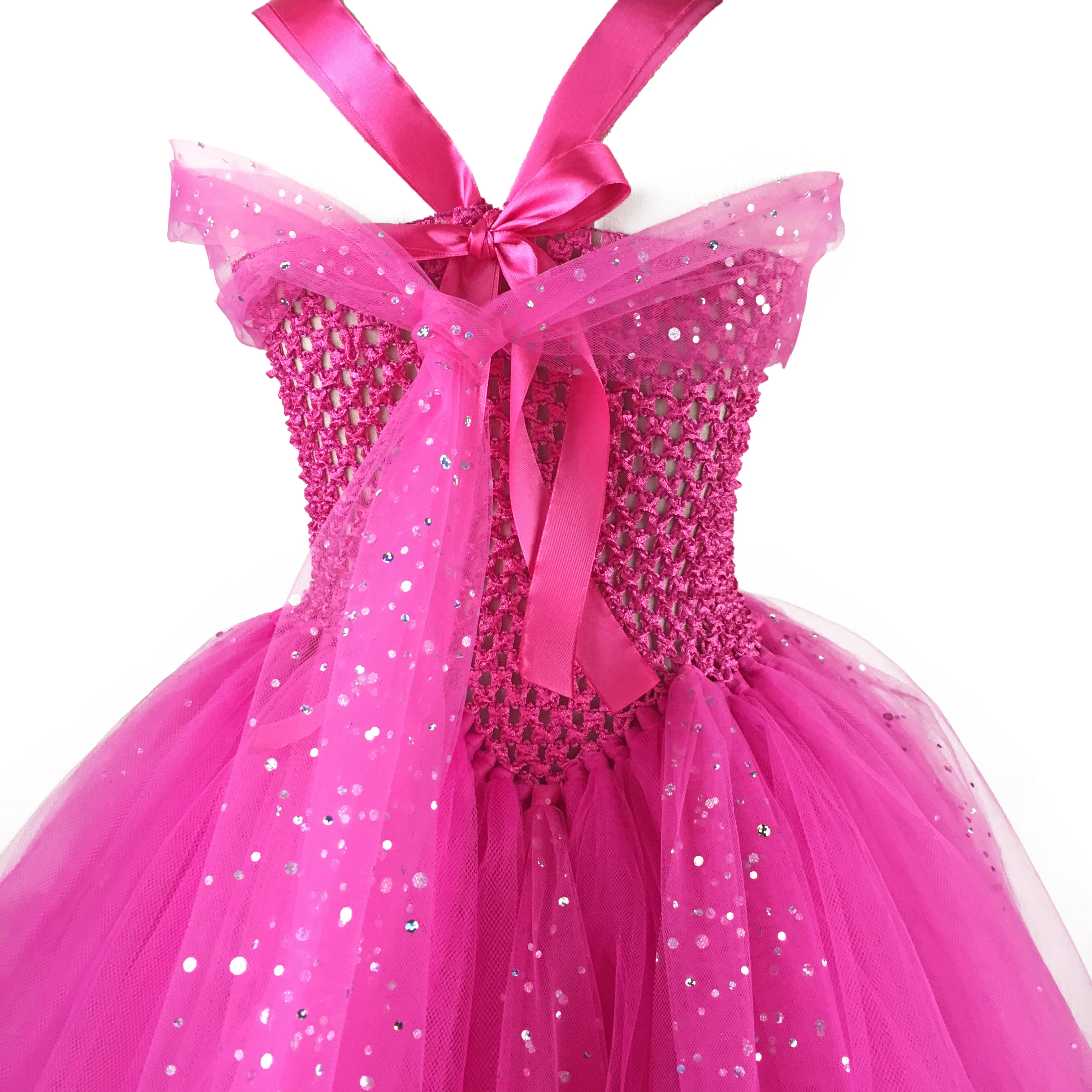 Girls Pink Glitter Tulle Tutu Dress Kids Crochet Evening Strap Dress Ball Gown Children Party Banquet Costumes Sparkle Dresses