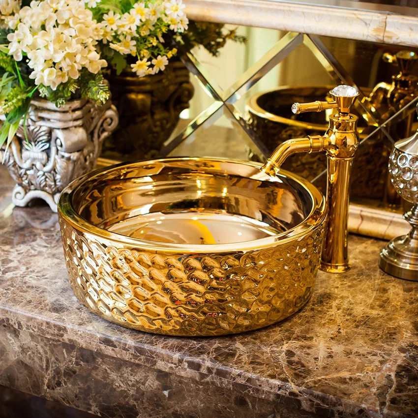 Gold chinese ceramic colored bathroom basin hand wash bowls lavabo sink Bathroom sink Chinese art Basin