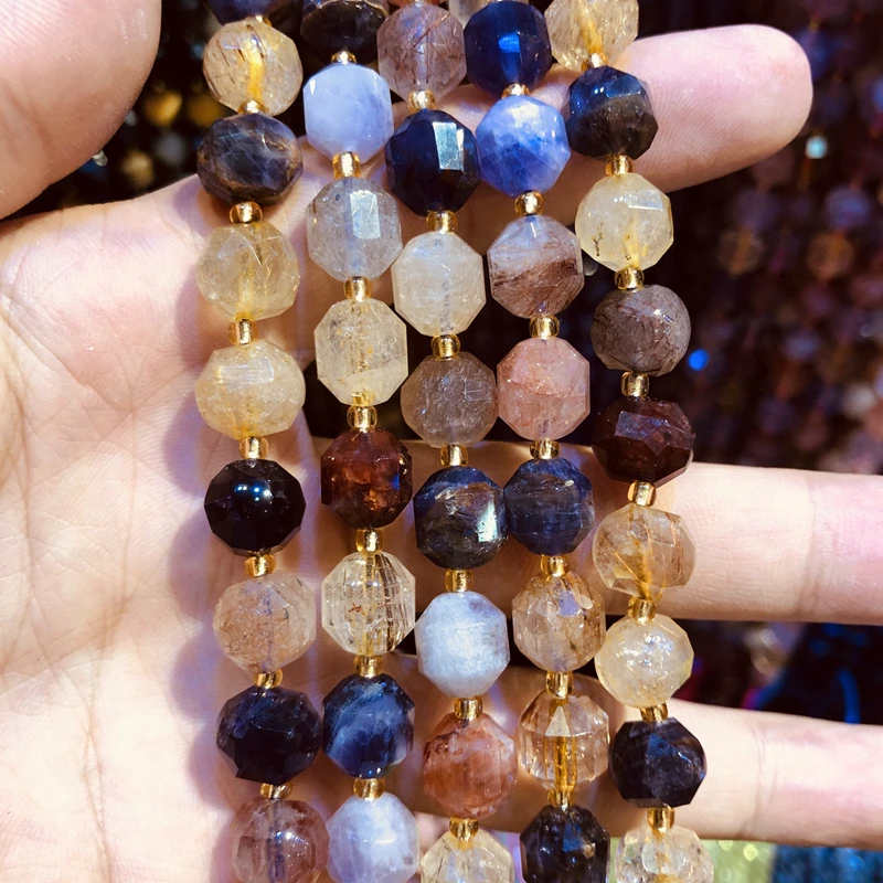 Wholesale Natural Mulit Rutilated Quartz Beads,Hand Cutting Bead10mm Faceted Gem Stone Loose Beads for jewelry,1string 15.5