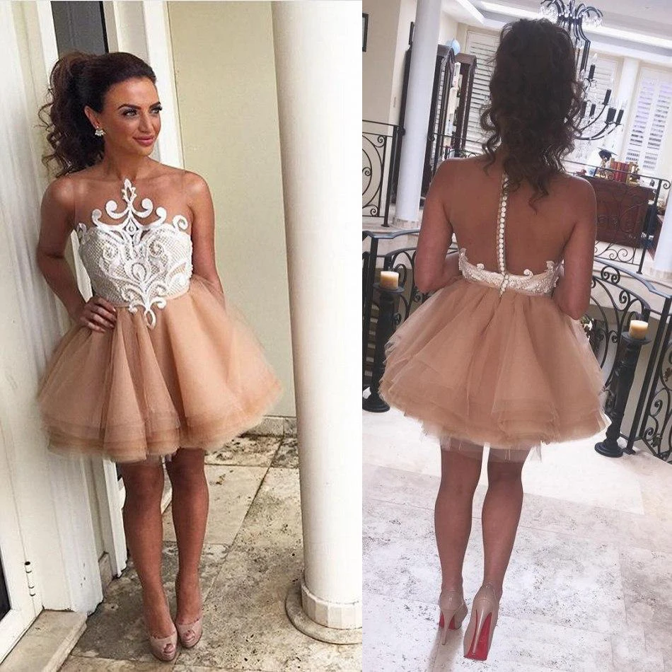 

Illusion Button Prom Party Gown Graduation Dress Homecoming Formal Gown New Custom Tulle Applique Above Knee Mini