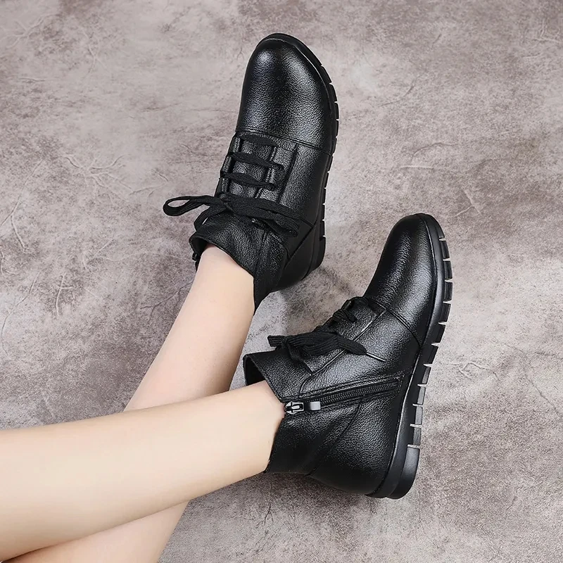 Black Boots Women Moccasins Size 43 Leather Ankle Boots Ladies Casual Winter Warm Plush Womens Luxury Non-slip Ballerina Shoes