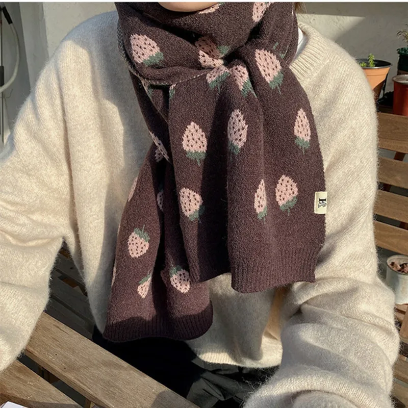 New Woman Autumn And Winter new Korean knitting Strawberry scarf cute student decoration warm long Color grid bib