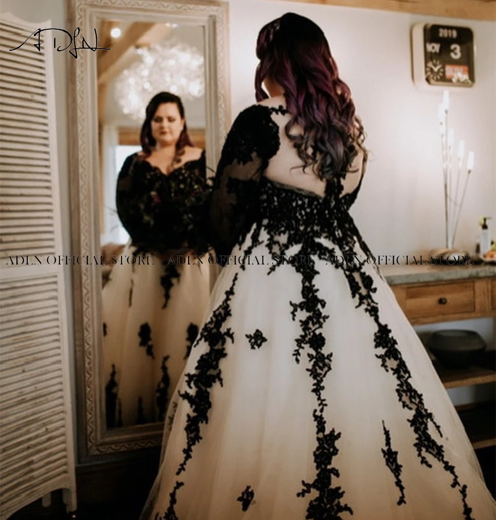 Robe de mariée trapèze en dentelle à manches longues personnalisée, robes de mariée noires et blanches, grande taille, patients, tout ce qui est personnalisé