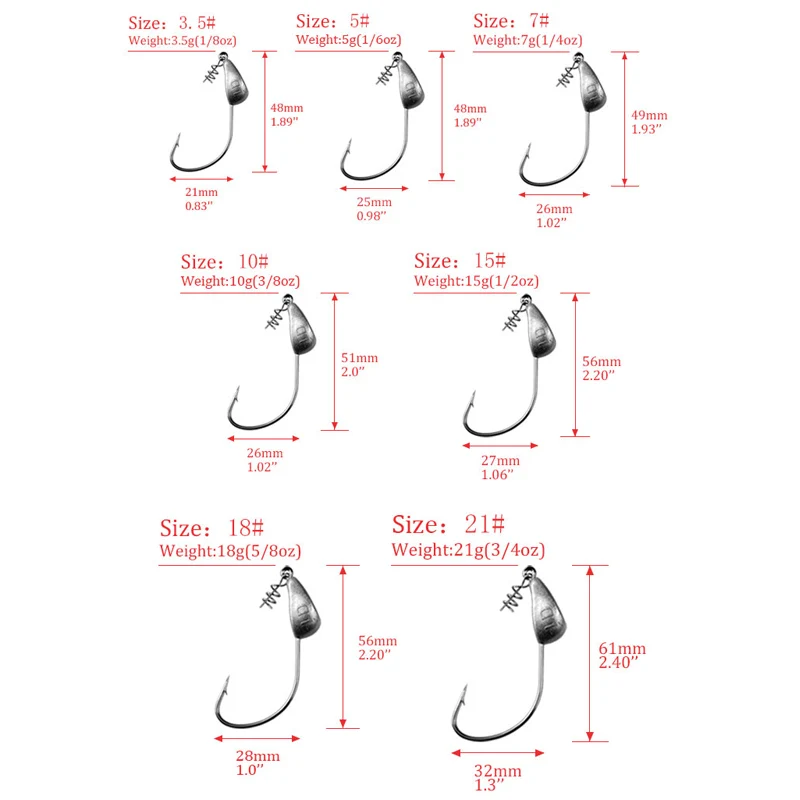 5pcs a lot 3.5g 5g 7g 10g 15g 18g 21g Screw Jig Head Fishing Hooks Stand Up Head Hook with Screw-in bait keeper