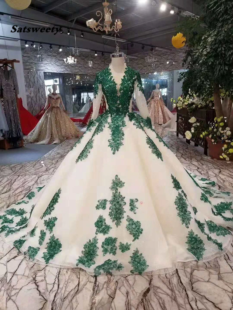 Abiti da ballo in tessuto glitterato abiti da sposa bohémien verde scuro in pizzo con perline corsetto corte treno maniche lunghe abiti da sposa