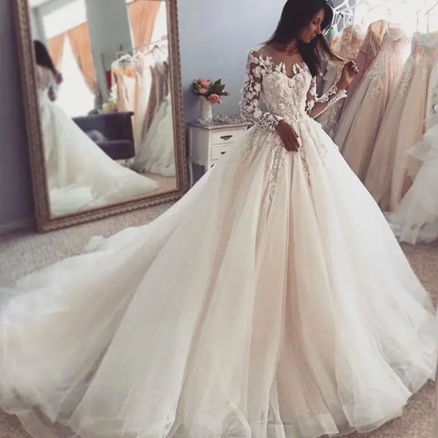 Vestido de noiva luxuoso com manga comprida, vestido de noiva com apliques florais, roupa de casamento