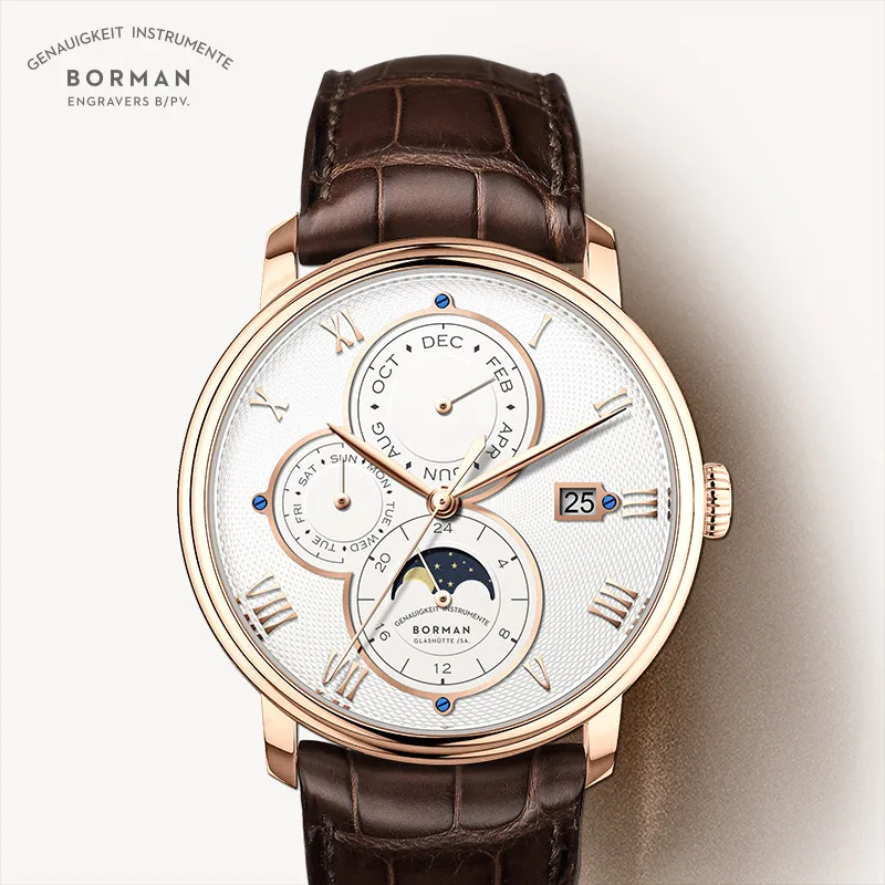 

BORMAN men automatic watch luxury brand mechanical self wind wrist watches leather band dress relogio masculino week,month,date