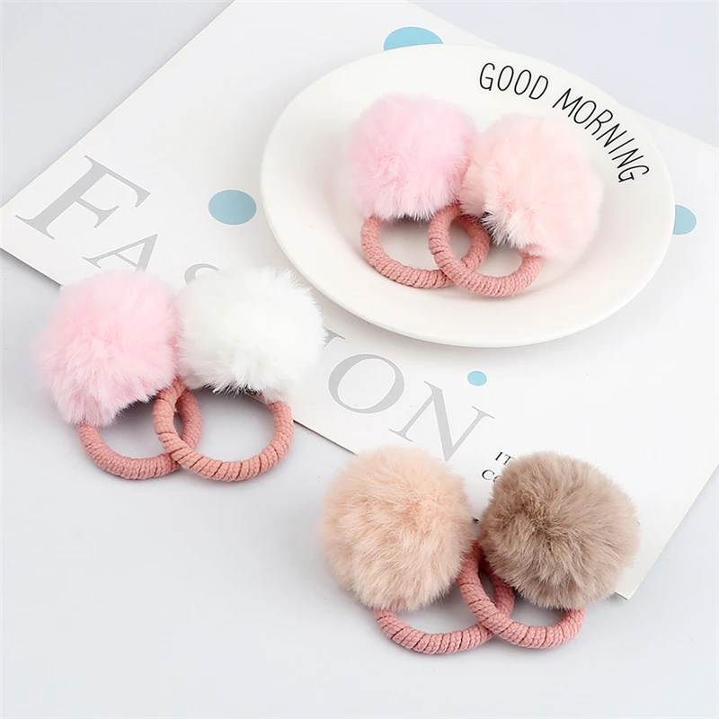 2PCS Furry Balls Hair Ties Cute Hair Rubber Bands For Children Girls Headwear Elastic Ponytail Holder Scrunchie Hair Accessories