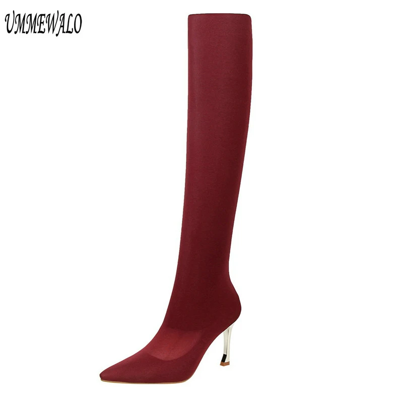 UMMEWALO Over Knee Boots Women Fashion Pointed Toe High Heel Shoes Winter Boots Ladies Shoes