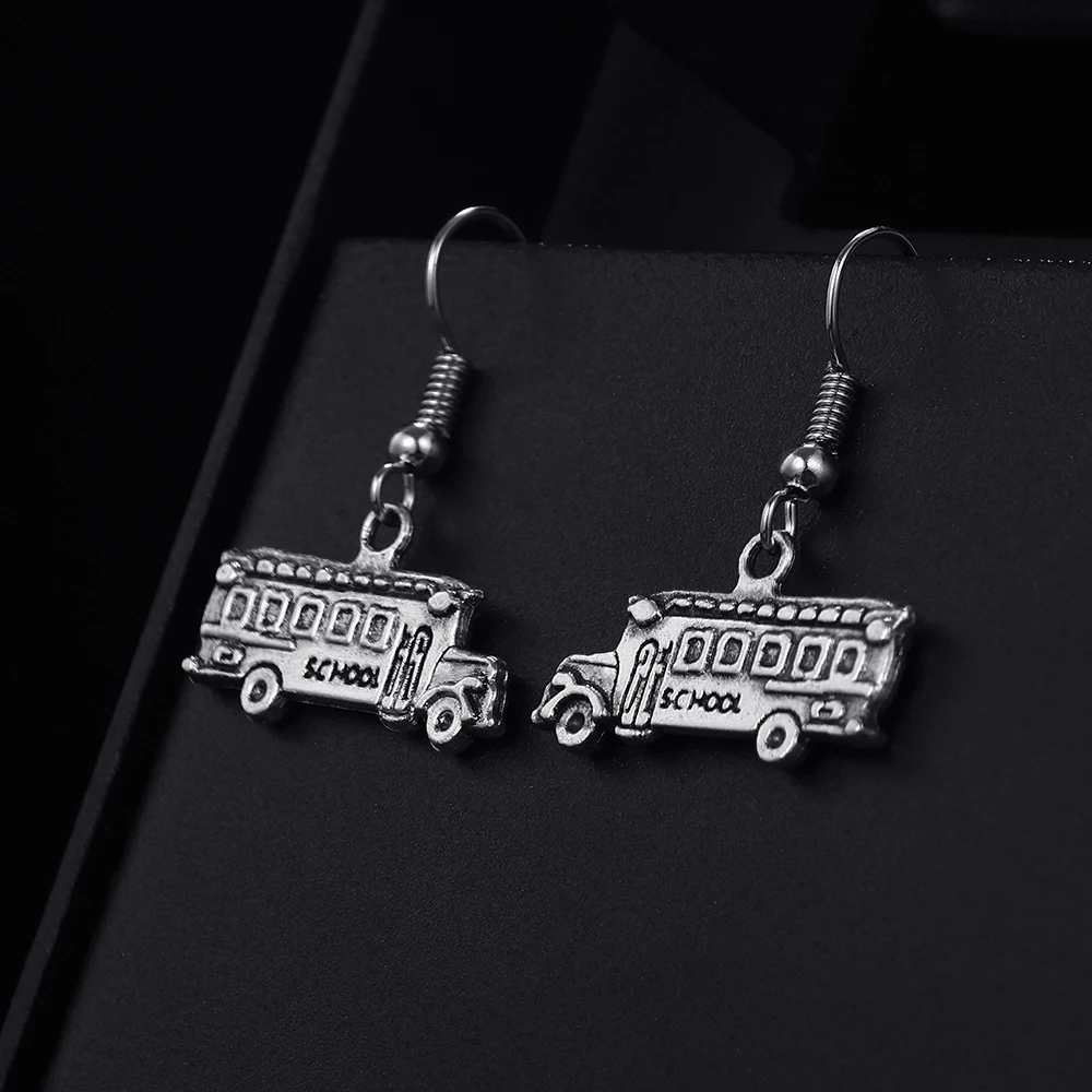 Trendy Vintage School Bus Shape Dangle  Antique Silver Plated Earrings for Women Girl Retro Drop Earrings Cute Earring Jewelry