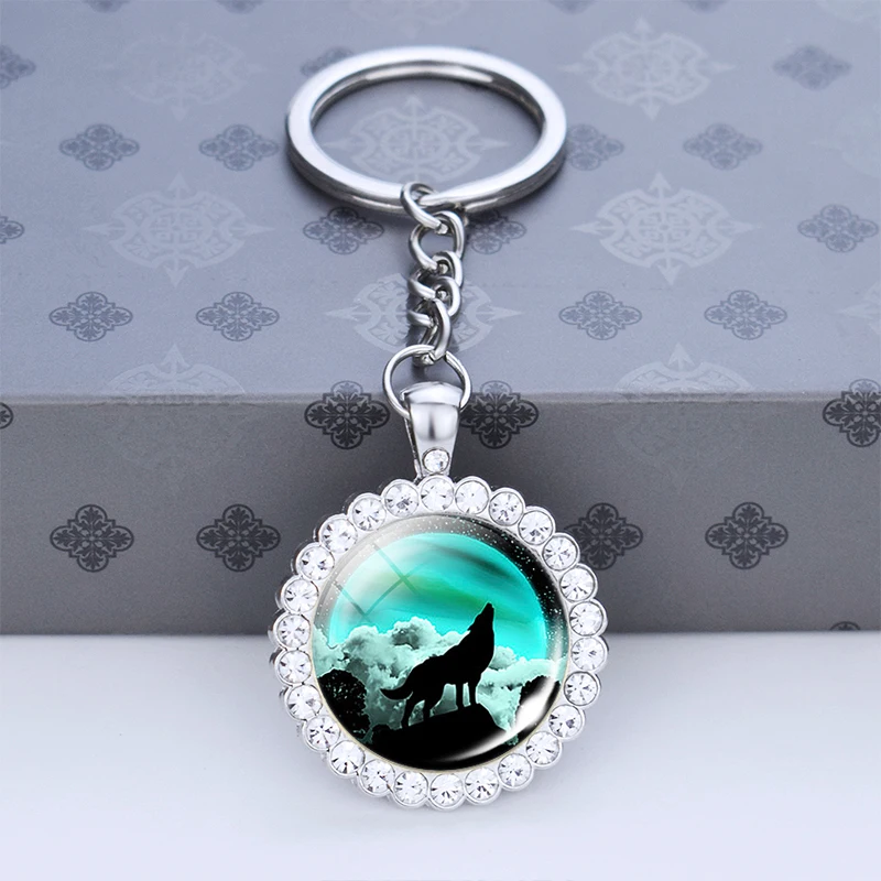 White Wolf Head and Moon Keychains Glass Cabochon Rhinestone Pendant Silver Color Keyring Animal Key Chains Jewelry Gift