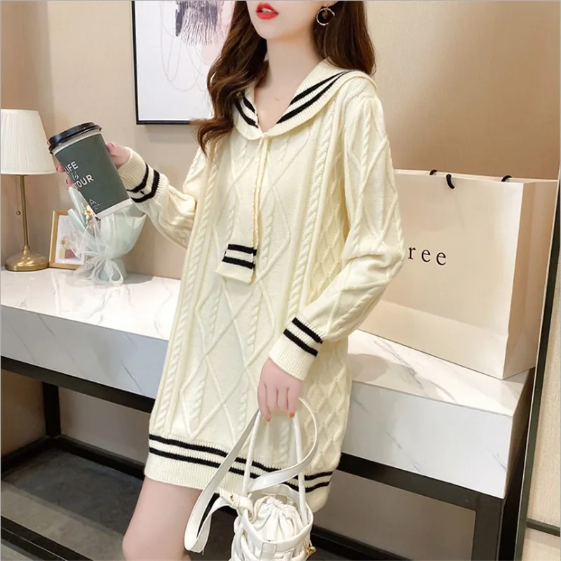 Mid-length Sweater 2023 New Women Loose Outer Wear Navy Style Korean Style Western Style Autumn Knitted Dress Trend