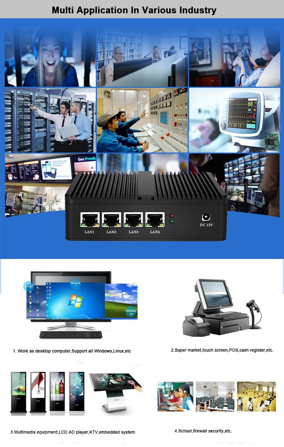 Intel Celeron J1900 N2830 Mini PC with 4xGigabit I211 I225 LAN 2xUSB 1xHDMI 1xVGA Computer Support Pfsense Linux Firewall Router