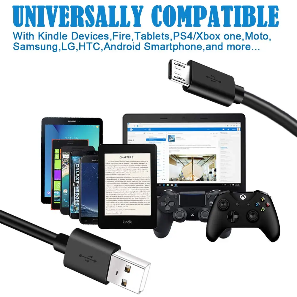 Cavo Micro USB da 6 piedi per Samsung, Tablet Fire, ereader Kindle, caricabatterie rapido Mini Stick TV, PS4, cavo di ricarica Android veloce per Xbox