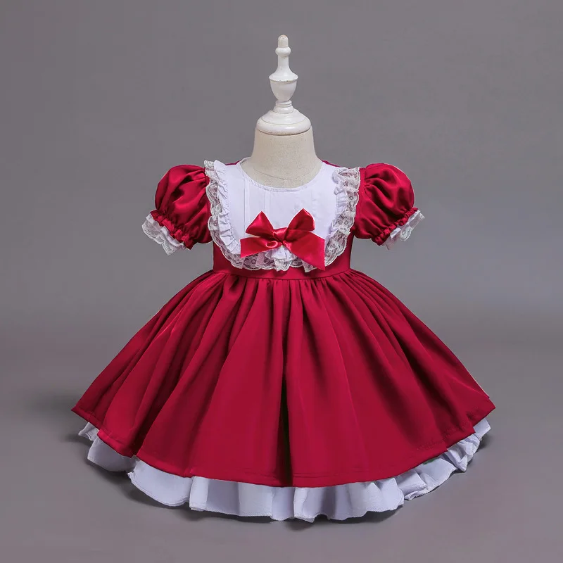 Spring Puff Sleeves Lace Bow-tie Satin Red Princess Dress  Baby Girl Christmas Gown O Neck Child 2 Daily Dress