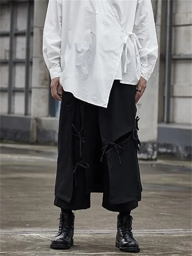 Men's Trouser Skirt Spring And Autumn New Classic Dark Personality Irregular Lacing Design Loose Large Size Wide Leg Pants