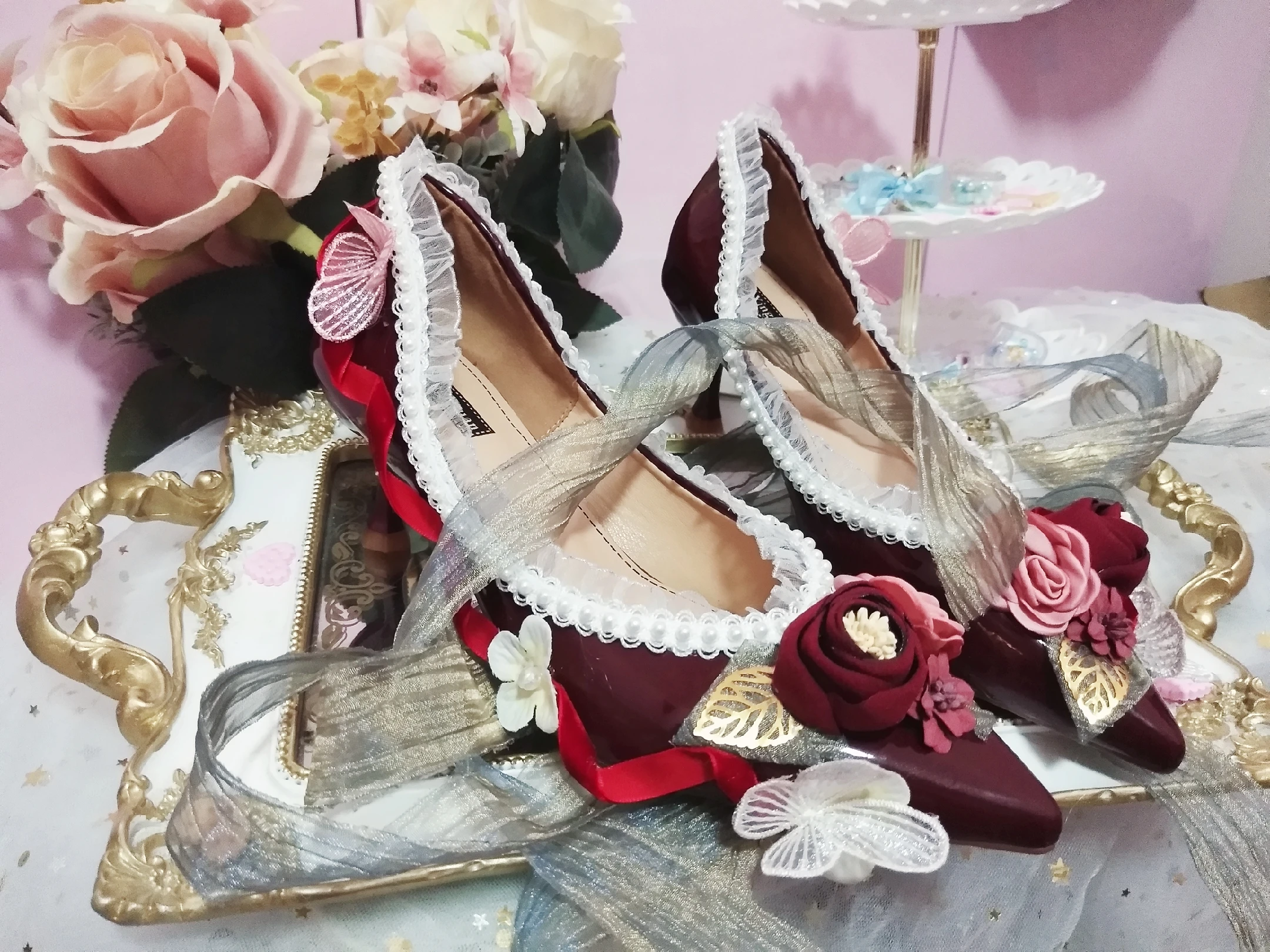 

vintage lace bowknot round head low heel women shoes loli cosplay cos sweet lolita shoes tea party kawaii princess kawaii shoes