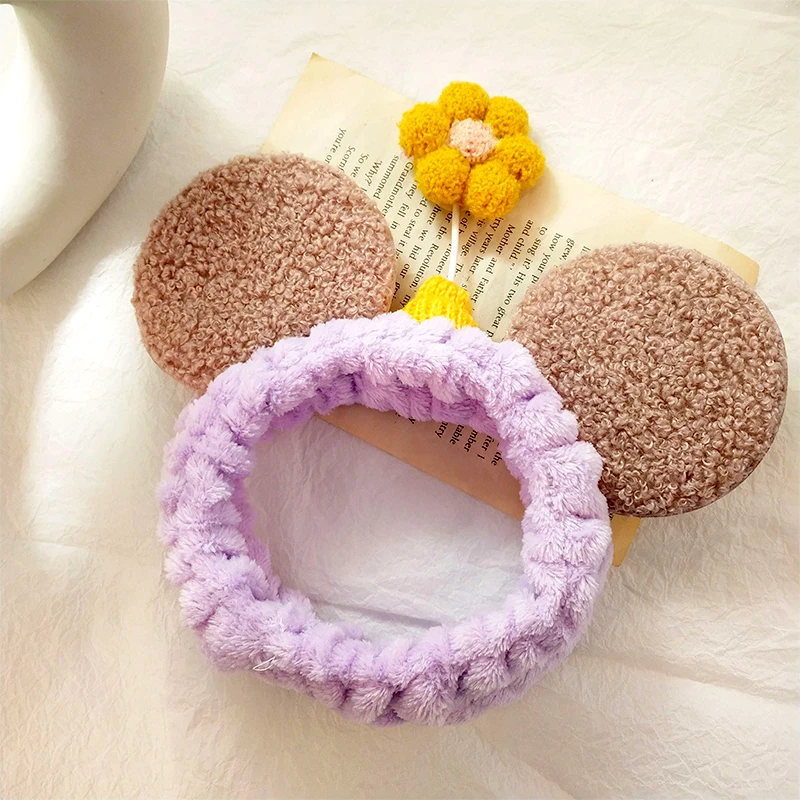 White Purple Pink Blue Cartoon Flower Round Ear Fluffy Cloth Elastic Hair Band Women Headwear Hair Hoop For Washing Face