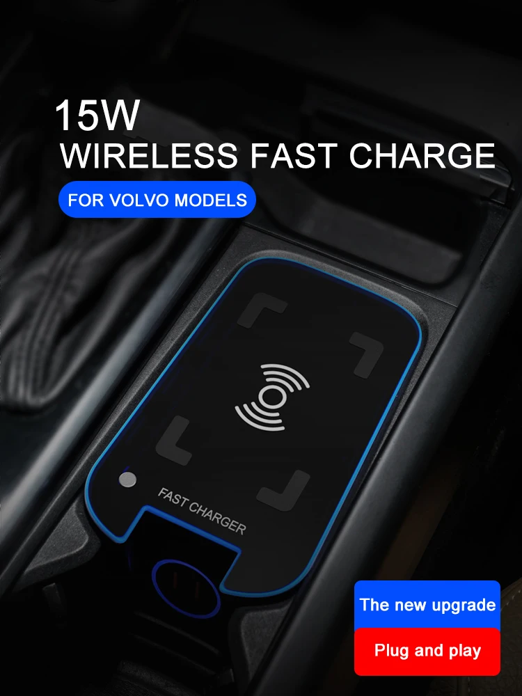 Car charger usb forVolvo s60 xc60 s90 xc90 v60 v90 mobile phone wireless charging QI car wireless charging board 2016 2019 QC3.0