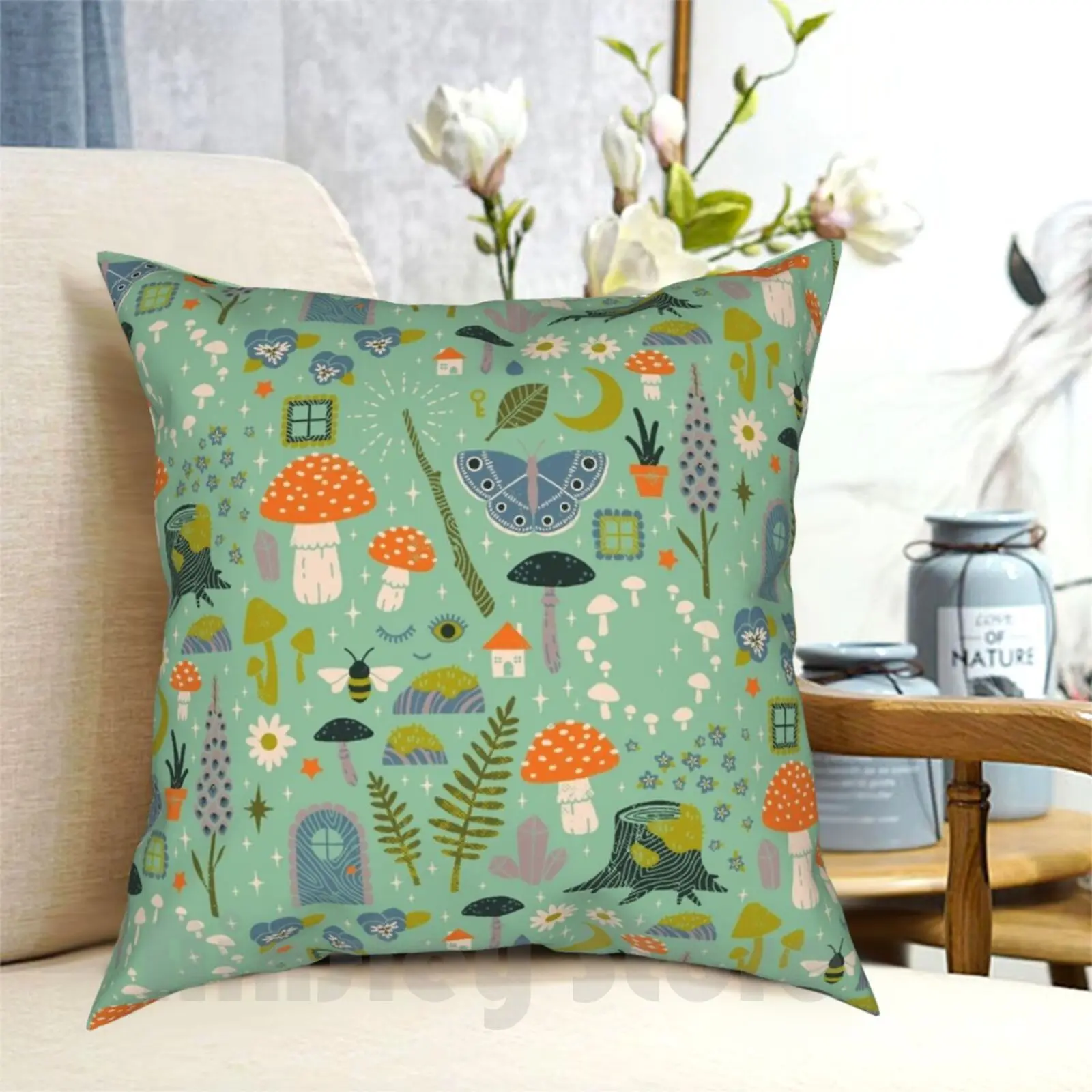 Fairy Garden Pillow Case Printed Home Soft Throw Pillow Pattern Mint Pastel Fairy Garden Nature Mushrooms Bee Flowers