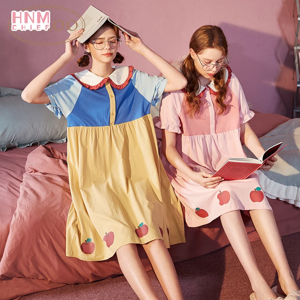 Summer Pink Silk Sleepshirts Women Sleepwear Dress Kawaii Bows Maiden Nightgown Cotton Home Suit Cute Short-Sleeve Nightdress