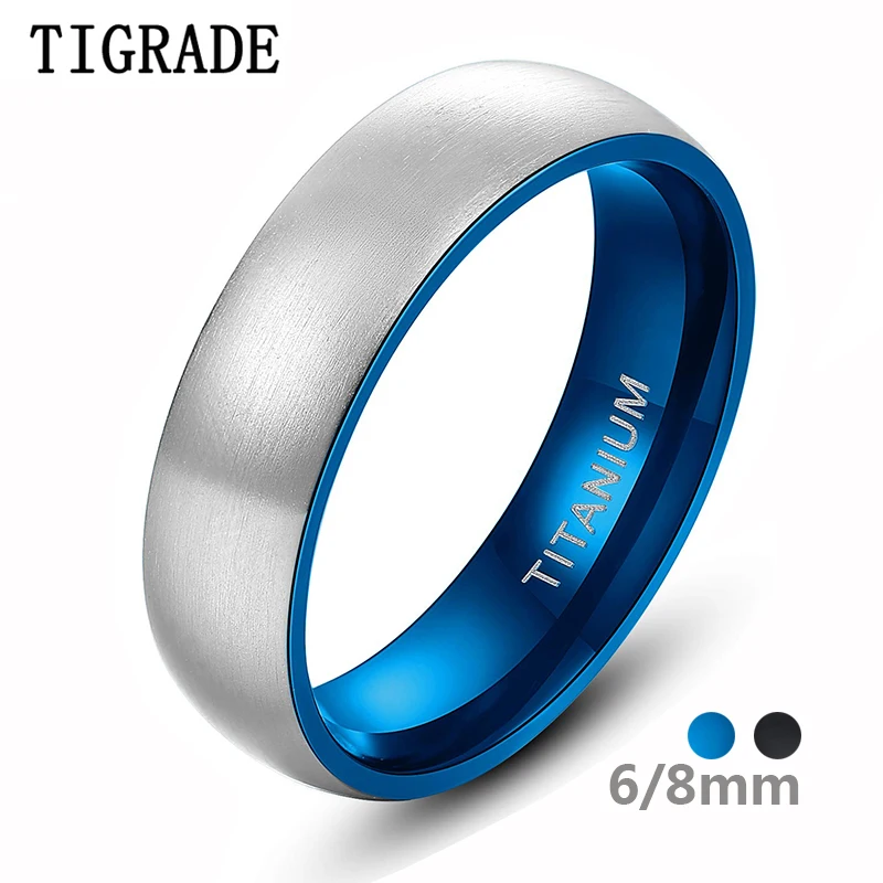 Tigrade 6/8mm pierścionek z czystego tytanu dla mężczyzny kobieta szczotkowane srebro kolor niebieski wewnątrz matowy klasyczny prosty obrączka zaręczynowa w stylu vintage