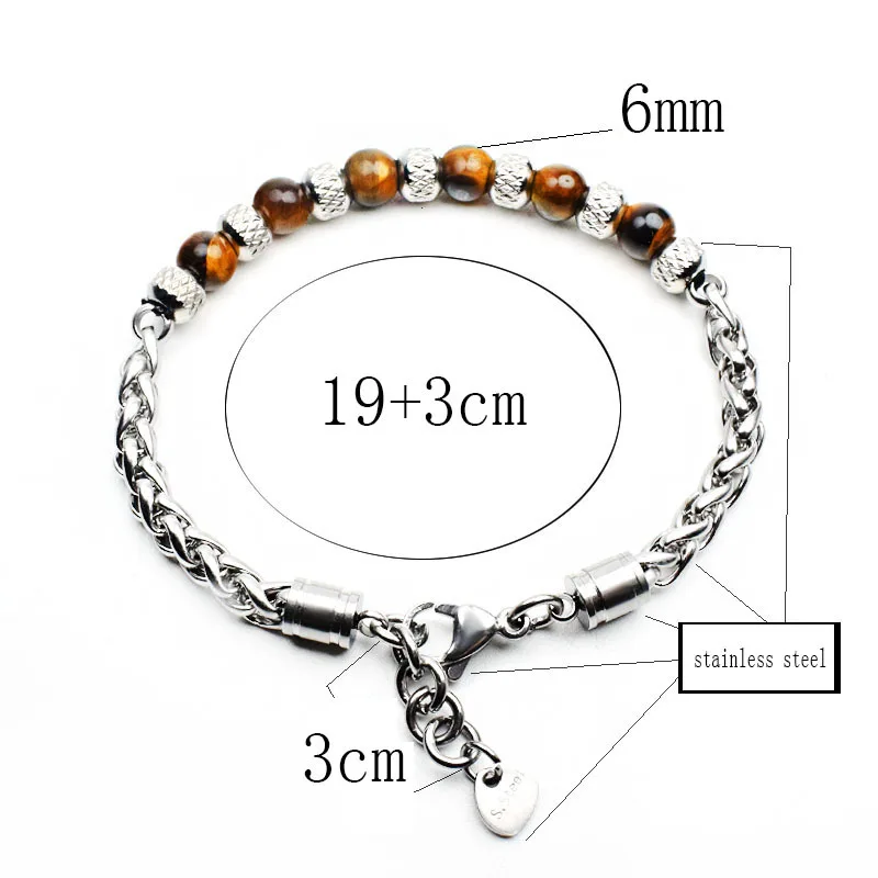 New 2021 6MM Adjustable Unique Natural Tiger Eye Stone Men\'s Beaded Bracelet Stainless Steel Cuban Link Chain Bracelets