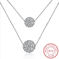 925 Sterling Silver Double Layer Shiny CZ Zirconia Crystal Lucky Ball Pendant Necklace For Women Gift collares de Prata S-N58