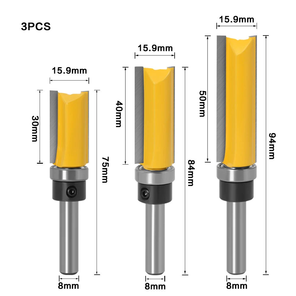 1-3pcs 8mm Shank Flush Trim Router Bit Pattern Bit Top Bottom Bearing 5/8\