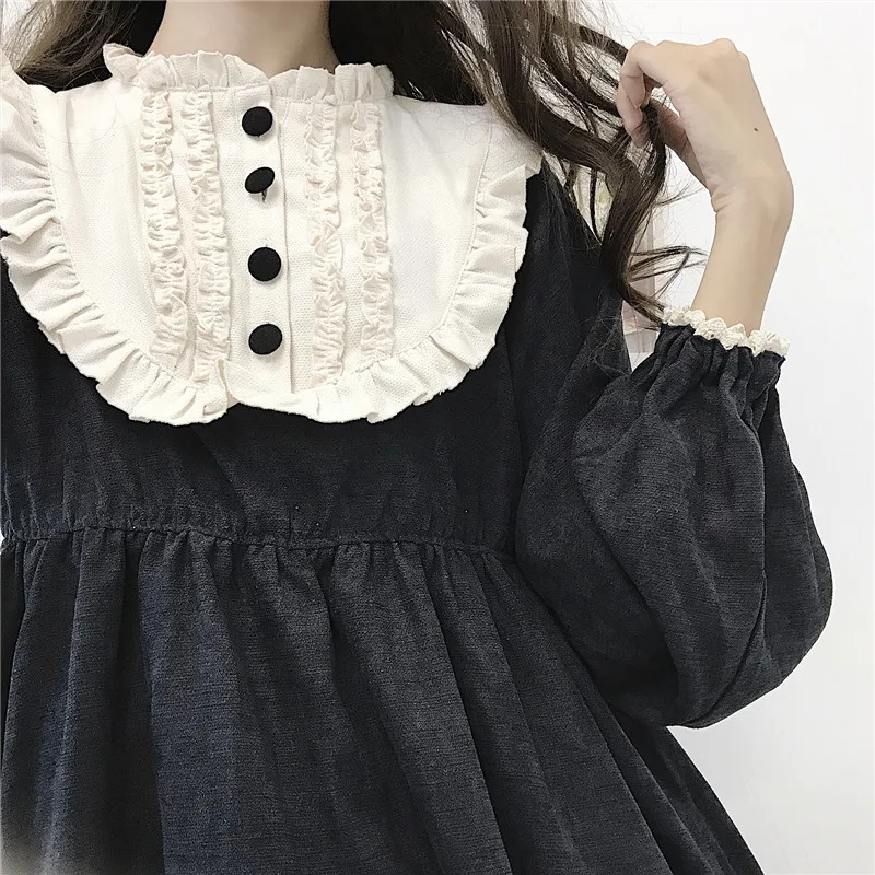 Japanse 2019 Nieuwe Lolita Dark Retro Gothic Jurk Mid-Lengte Ruches Jurk Cos Lolita Loli Lange Mouwen Party jurken