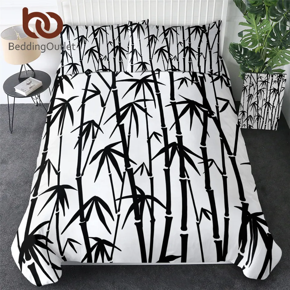 

BeddingOutlet Bamboo Bedding Set Leaf Printed Quilt Cover Black and White Bedclothes Bed Set Stylish Comforter Cover 3-Piece