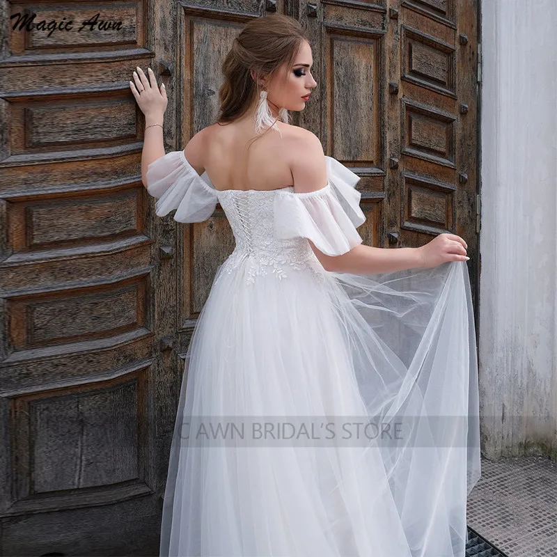 Magic Awn-vestidos de boda bohemios con hombros descubiertos para mujer, Apliques de encaje con Raja lateral, vestidos de fiesta de boda con cordones en la espalda, 2021