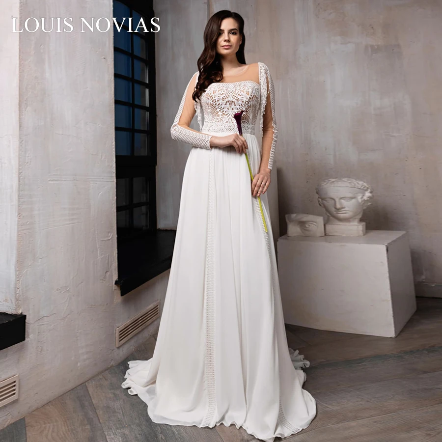 Louis Novias Bohemian deep V-neck wedding dress simple Empire open back satin dress lace embroidery romantic dress