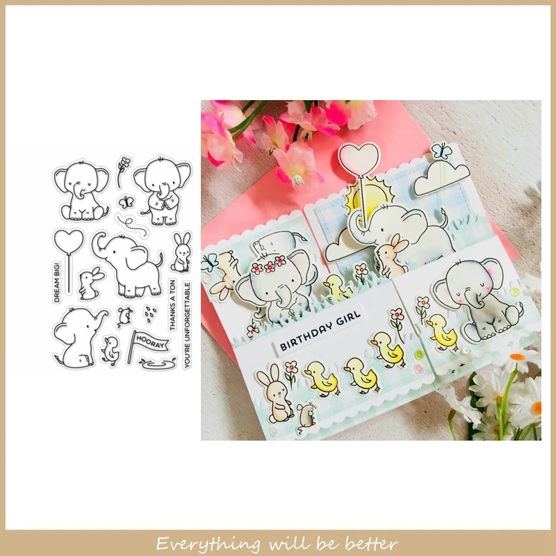 

Elephant Cartoon Duck Rabbit Sentence Words Flower Balloon Heart Clear Silicone Stamps Make Pop Up Cards Handicraft Album Photos